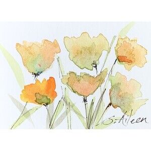 ACEO Painting Loose Watercolor Flowers Bouquet Green Leaves Botanical V Signed